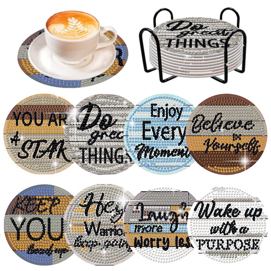 8 Pcs Wooden Diamond Painting Coasters Kits with Holder for Beginners (Phrase)