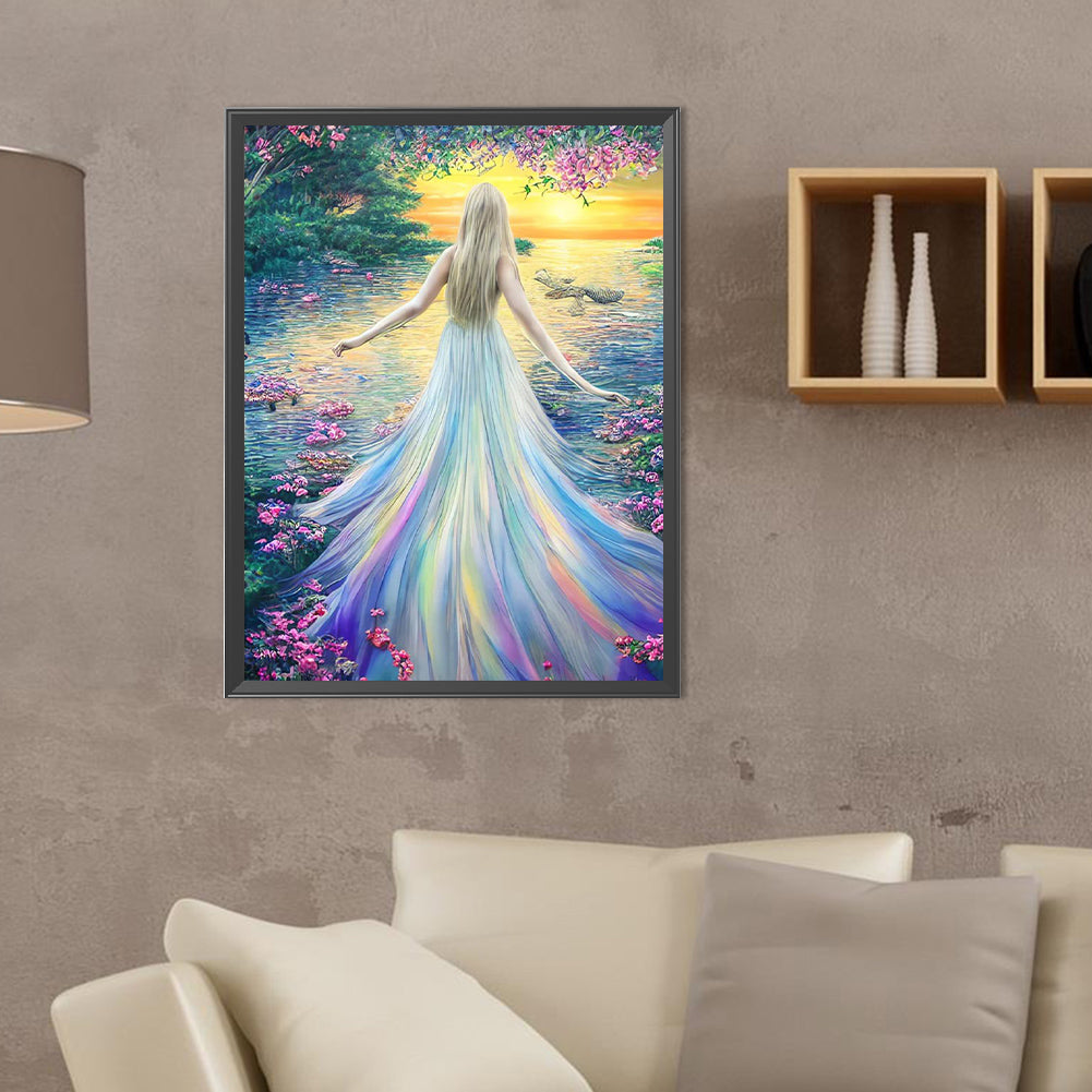 Girl In Colorful Skirt By The Lake - Full Round Drill Diamond Painting 30*40CM