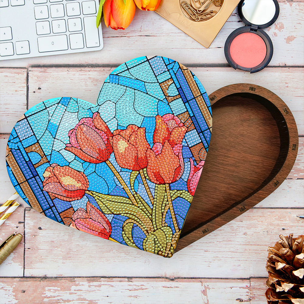 Wood DIY Diamond Painting Jewelry Organizer Box Kit for Adults Kids (Tulip)