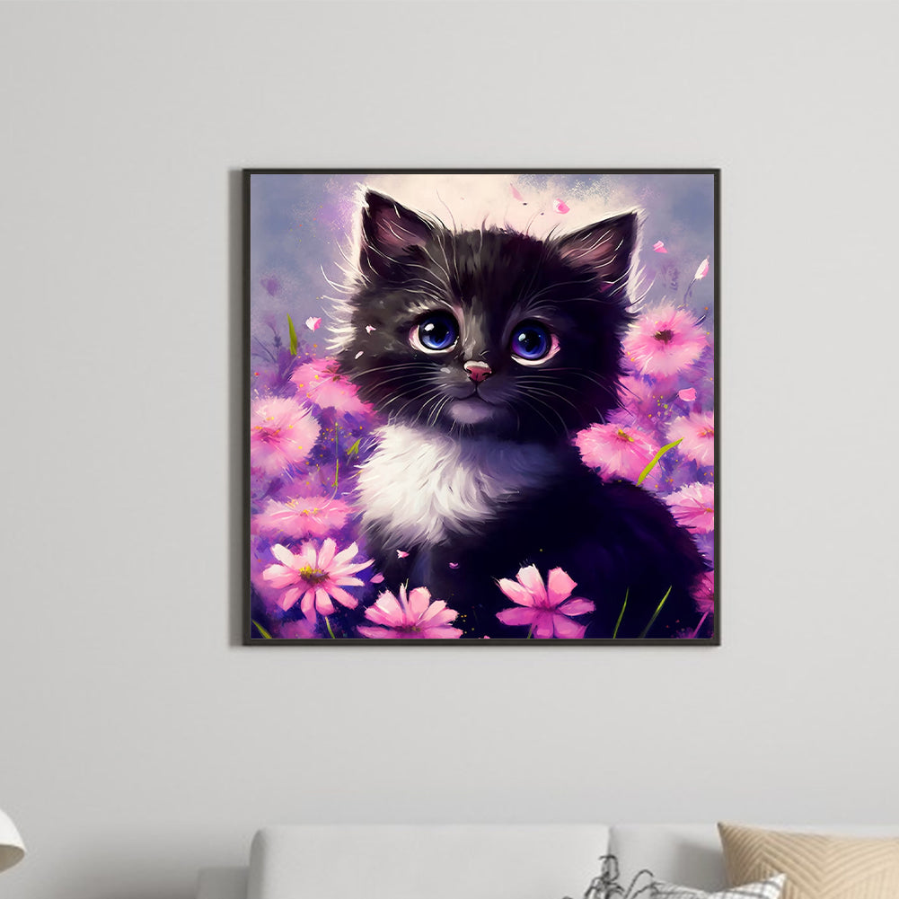 Purple Flower And Black Cat - Full Round Drill Diamond Painting 30*30CM