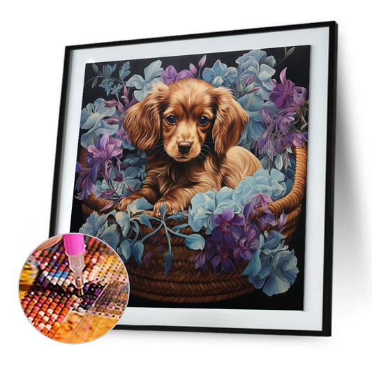 Puppy In Flower Basket - Full Round Drill Diamond Painting 30*30CM