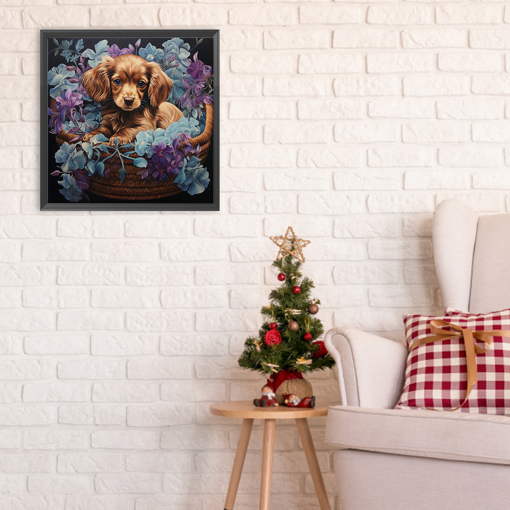 Puppy In Flower Basket - Full Round Drill Diamond Painting 30*30CM