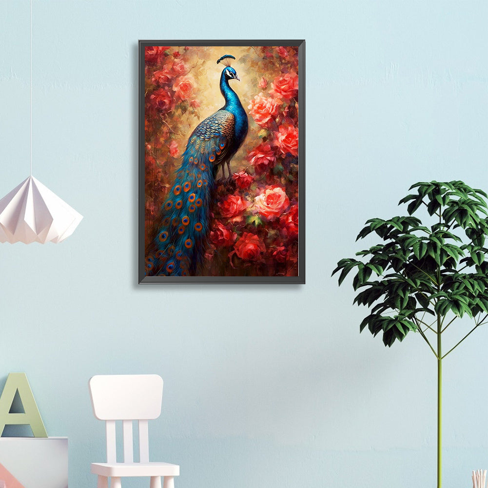 Peacock And Red Flower - Full Round Drill Diamond Painting 40*60CM