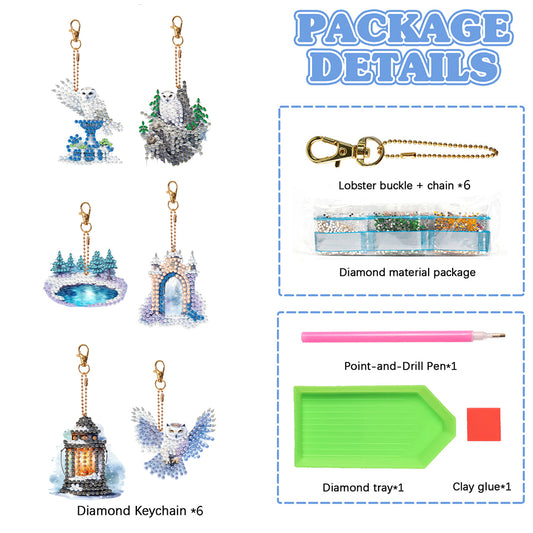 6 Pcs Double Sided Diamond Painting Keychain for Beginners Adults (Winter Owl)