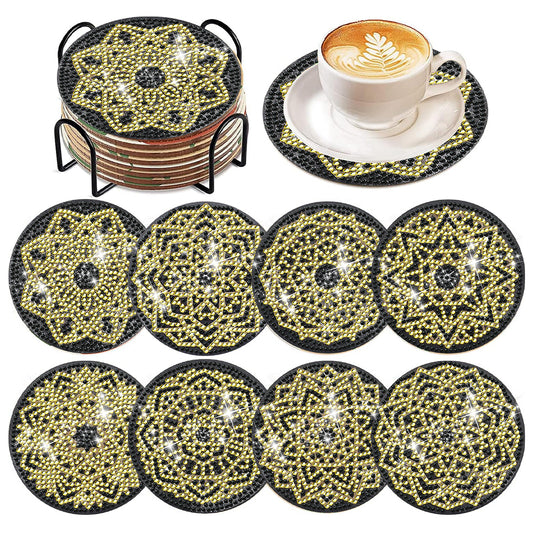 8 Pcs Acrylic Diamond Painting Coasters with Holder for Beginner (Black Gold)