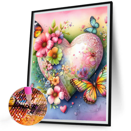Love Hearts And Flowers Butterflies - Full Round Drill Diamond Painting 30*40CM