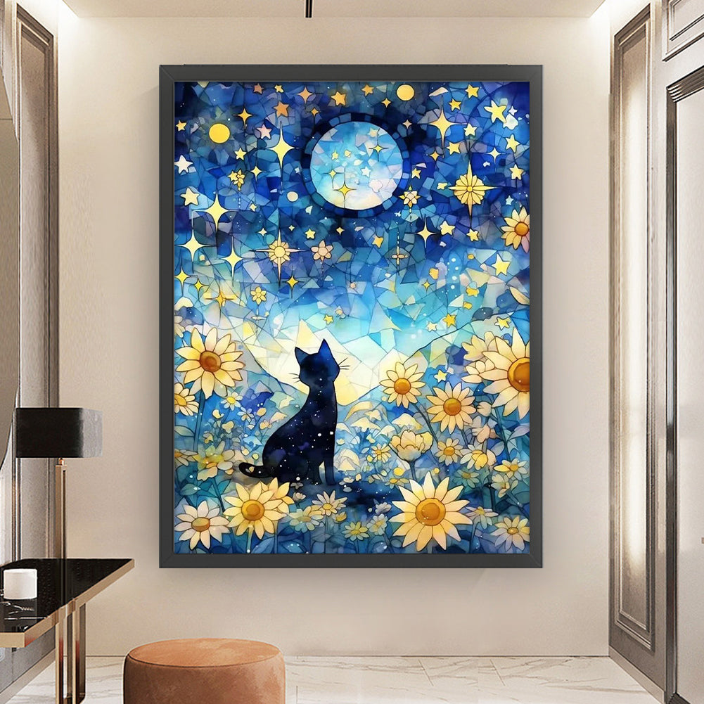 Black Cat In The Sunflower Field Under The Moon - 11CT Stamped Cross Stitch 50*65CM