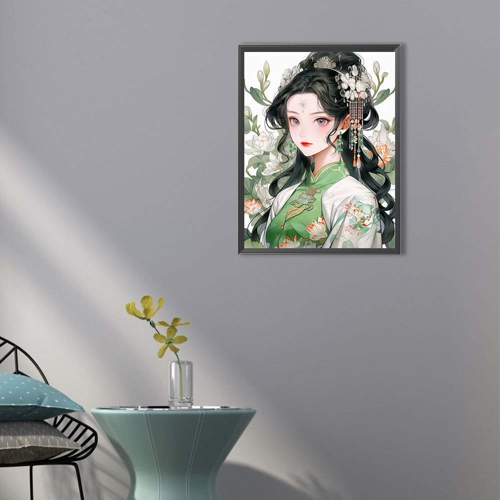 Girl In Green Dress - Full Round Drill Diamond Painting 40*55CM