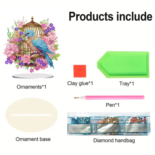 Acrylic Flowers Bird Cage Diamond Painting Tabletop Ornamen for Office Decor