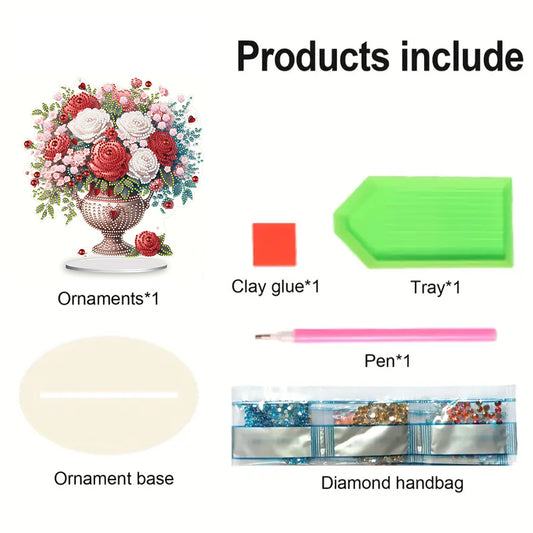 Rose Vase Table Top Diamond Painting Ornament Kits for Office Desktop Decor