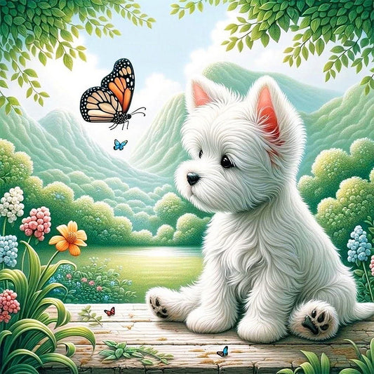 Dog And Butterfly - Full AB Round Drill Diamond Painting 30*30CM