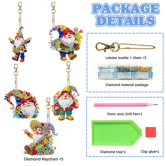 5 Pcs Double Sided Diamond Painting Keychain for Beginners Adults (Garden Gnome)