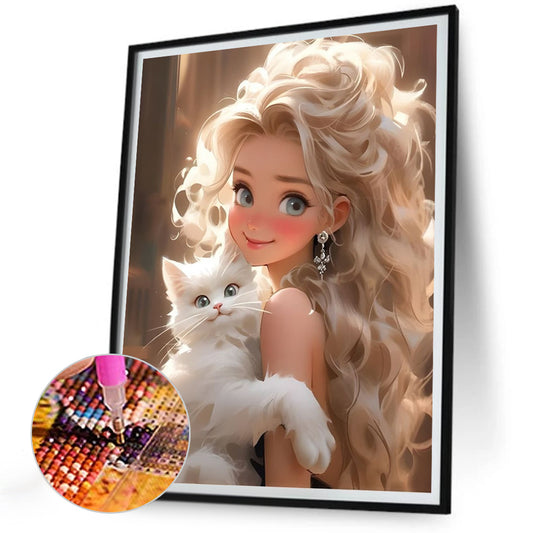 Blonde Girl Holding Cat - Full Round Drill Diamond Painting 30*40CM