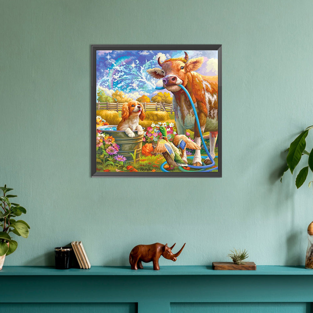Garden Cow Puppy Duck - Full Round Drill Diamond Painting 30*30CM
