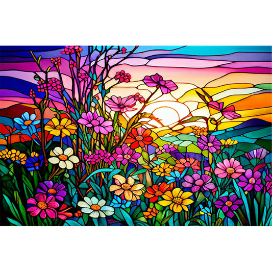 Glass Painting-Flowers And Sunset - 11CT Stamped Cross Stitch 60*40CM