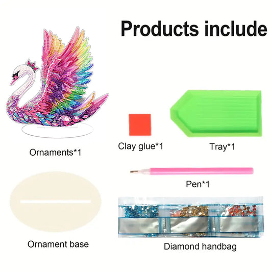 Round Diamond Painting Desktop Decor for Home Office Decor(Colored Feather Swan)