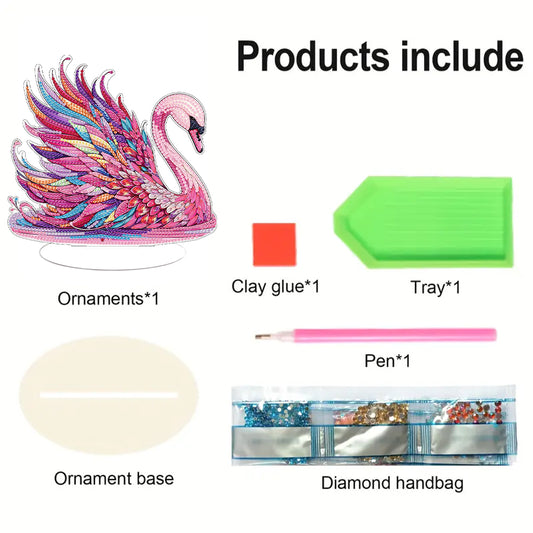 Round Diamond Painting Desktop Decor for Home Office Decor(Colored Feather Swan)