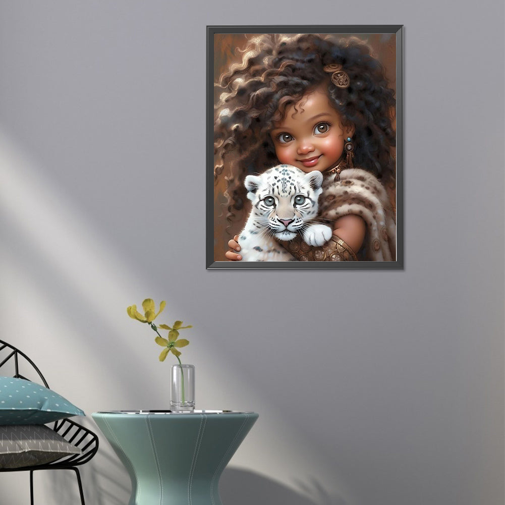 Girl Holding Tiger Cub - Full Round Drill Diamond Painting 40*50CM