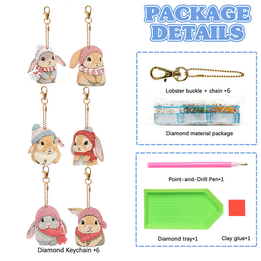 6 PCS Double Sided Special Shape Diamond Painting Keychain (Drooping Ear Rabbit)