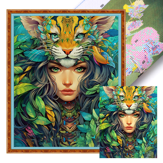 Flower Woman And Tiger - 16CT Stamped Cross Stitch 40*50CM