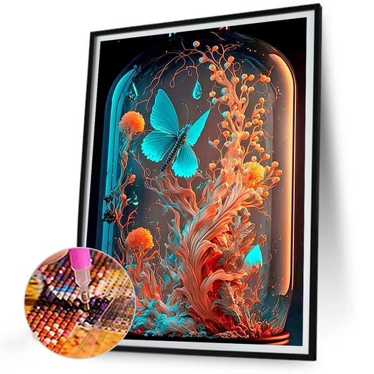 Blue Butterfly And Fantasy Plants In Jar - Full Round Drill Diamond Painting 30*40CM