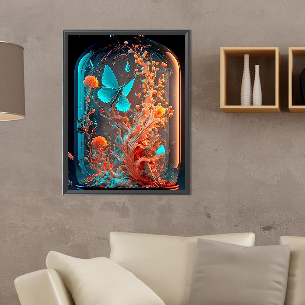 Blue Butterfly And Fantasy Plants In Jar - Full Round Drill Diamond Painting 30*40CM