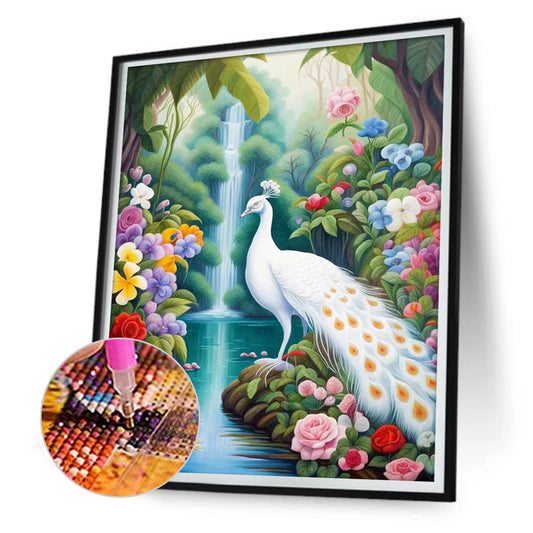 White Peacock By Forest Lake - Full Round Drill Diamond Painting 30*40CM