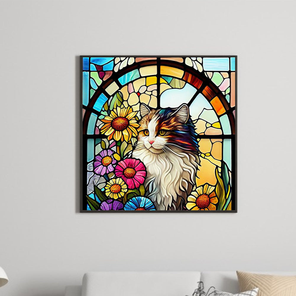 Glass Painting Of Cats And Flowers - Full Round Drill Diamond Painting 30*30CM