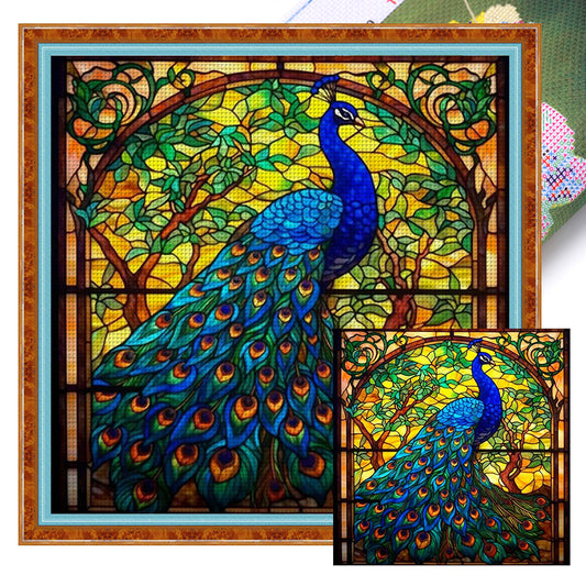 Glass Painting-Peacock - 14CT Stamped Cross Stitch 40*40CM