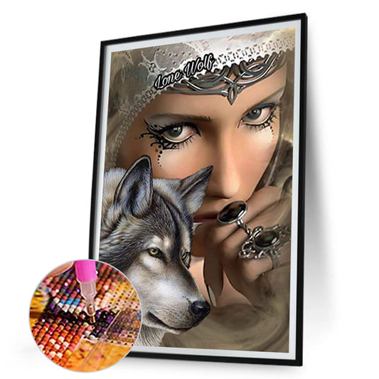 Wolf And Woman - Full Round Drill Diamond Painting 30*45CM