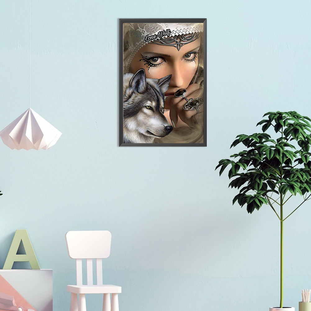 Wolf And Woman - Full Round Drill Diamond Painting 30*45CM