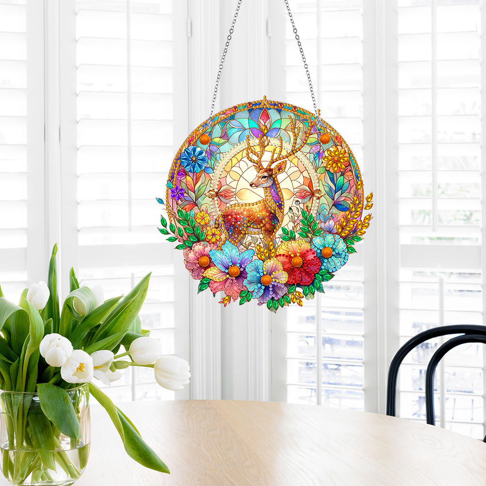 Sun Catcher 5D DIY Diamond Painting Dots Pendant for Office Decor (Flower Moose)