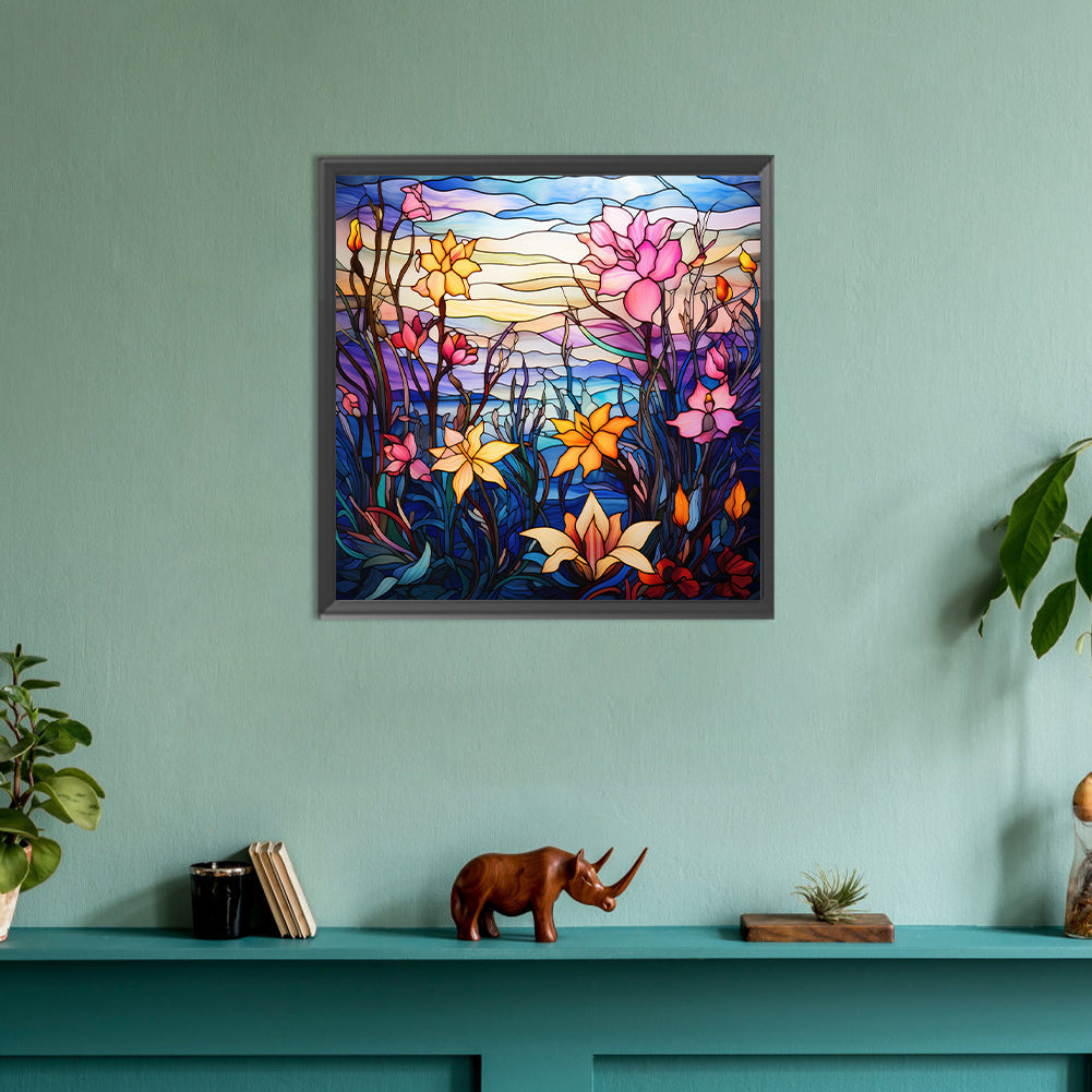 Glass Painting Colorful Flowers - Full Round Drill Diamond Painting 30*30CM