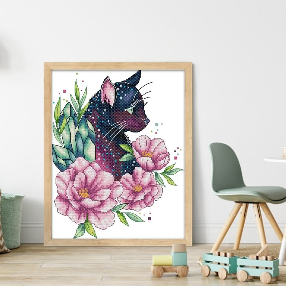 Chocolate Cat Among Flowers - 14CT Stamped Cross Stitch 21*27CM(Joy Sunday)
