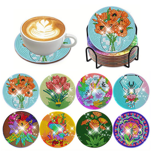 8Pcs Diamond Art Painting Coasters Craft Kit with Holder for Gift (Color Flower)