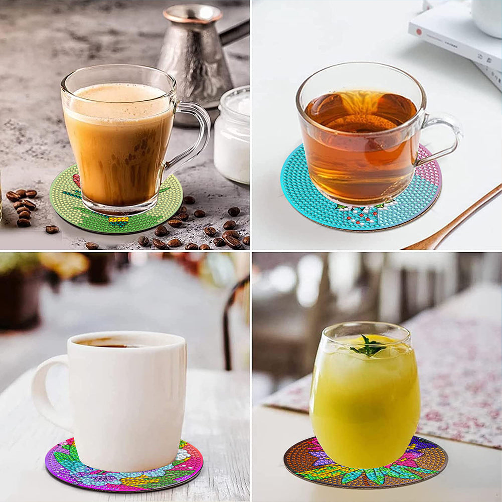 8Pcs Diamond Art Painting Coasters Craft Kit with Holder for Gift (Color Flower)