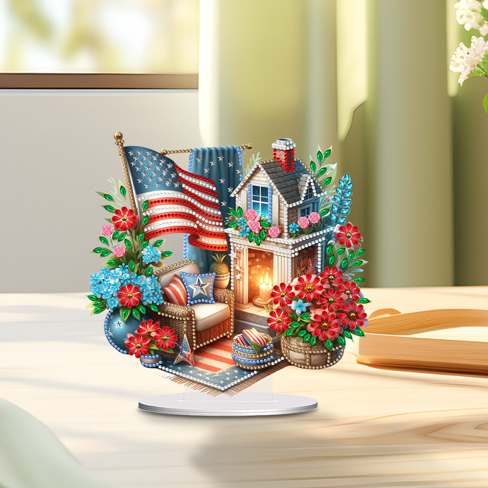 American Flag Special Shape Diamond Painting Desktop Home Ornament (House 3)