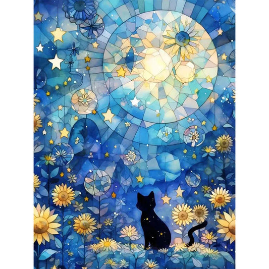 Glass Painting-Black Cat In The Moonlight - 11CT Stamped Cross Stitch 50*65CM