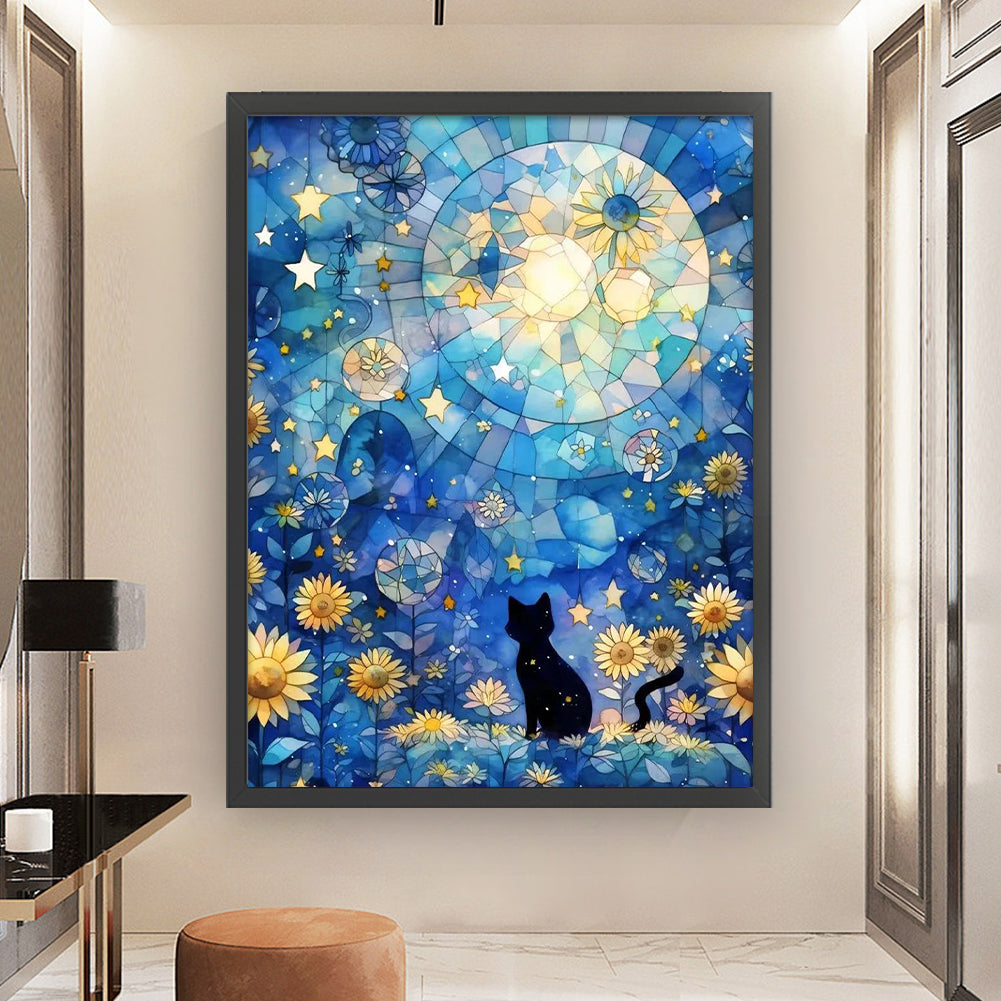 Glass Painting-Black Cat In The Moonlight - 11CT Stamped Cross Stitch 50*65CM