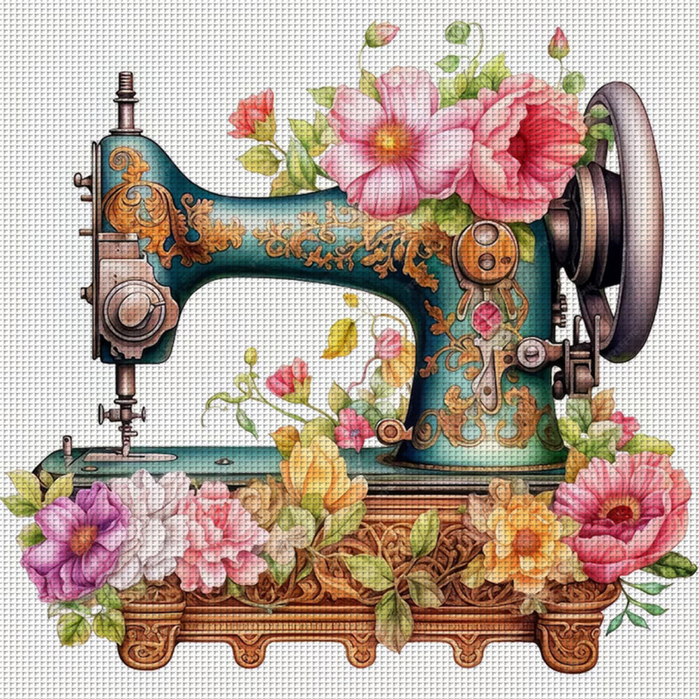 Retro Flower Sewing Machine - 14CT Stamped Cross Stitch 40*40CM