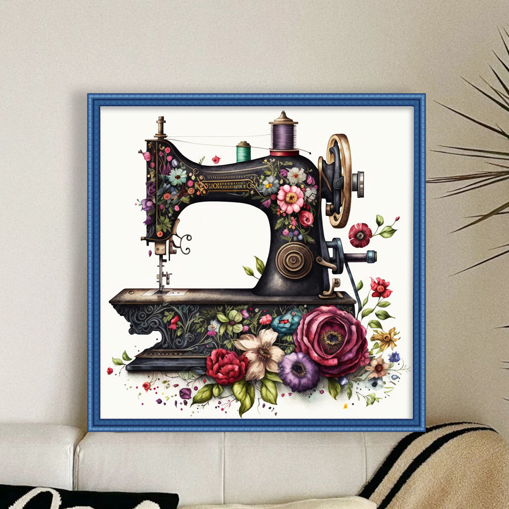 Retro Flower Sewing Machine - 14CT Stamped Cross Stitch 40*40CM
