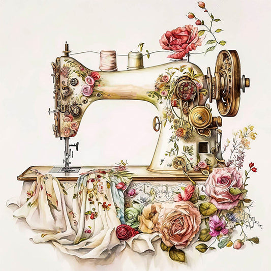 Retro Flower Sewing Machine - 14CT Stamped Cross Stitch 40*40CM
