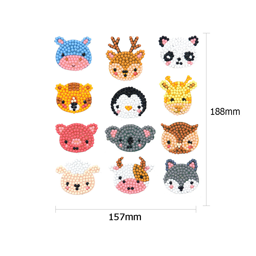 12pcs Colorful Animal Head Self-adhesive Rhinestone Painting Kit Stickers