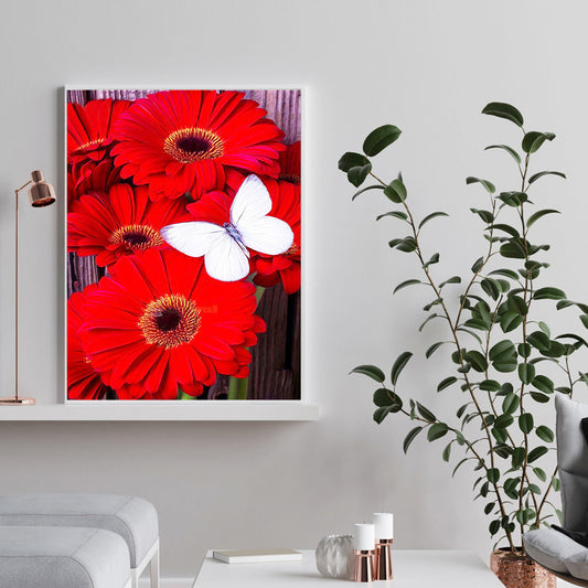 Red Flower White Butterfly - Full Round Drill Diamond Painting 30*40CM