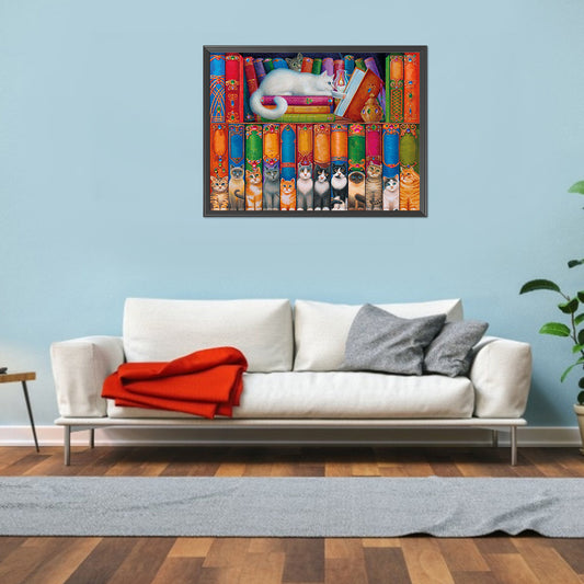 Cat On Bookshelf - 11CT Stamped Cross Stitch 50*40CM