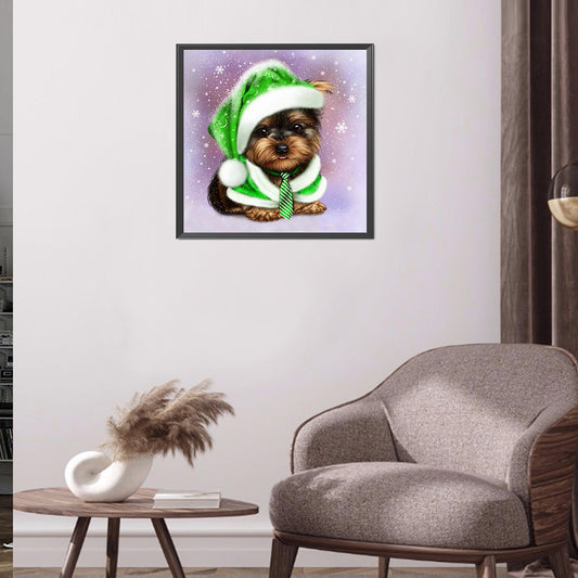 Green Hat Puppy 30*30CM(Canvas) Full Round Drill Diamond Painting