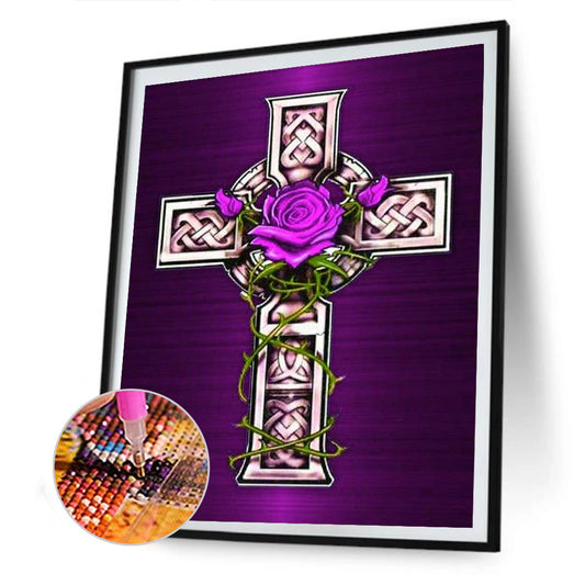Cross Purple Flowers - Full Round Drill Diamond Painting 30*40CM