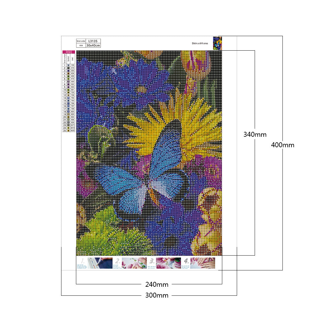 Flower Butterfly - Full Round Drill Diamond Painting 30*40CM