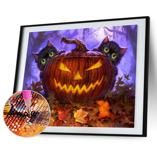 Black Cat Behind Pumpkin - Full Square Drill Diamond Painting 40*30CM