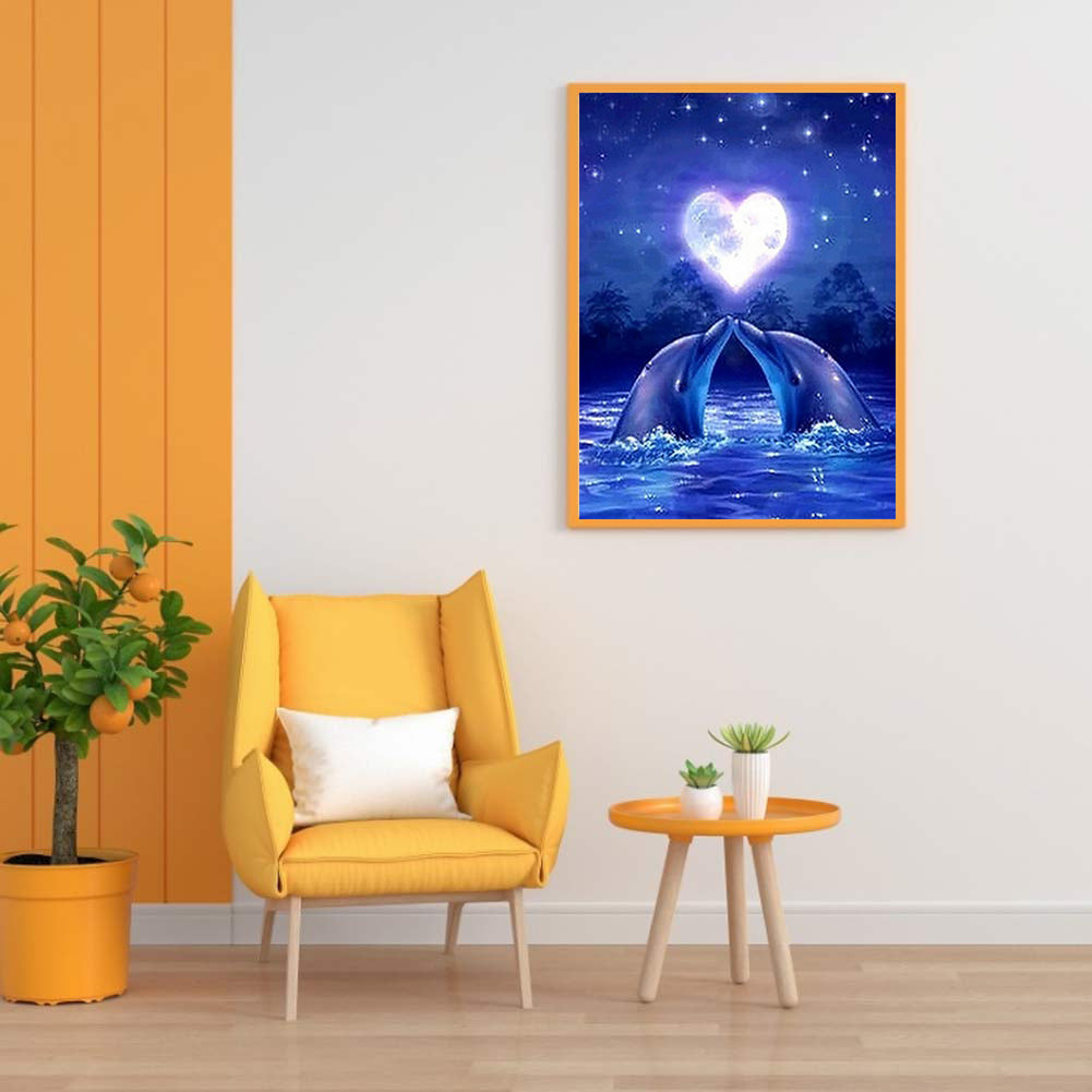 Dolphin Kiss Under The Moonlight Of Love - Full Round Drill Diamond Painting 40*50CM